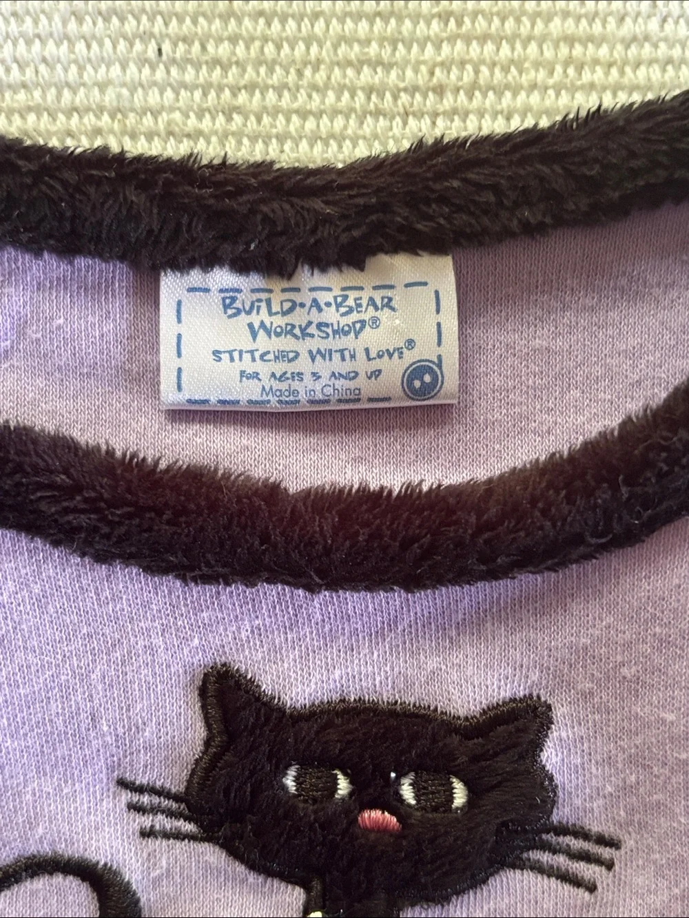 Build-A-Bear Workshop outfit lavender top w/ black cat & black ruffled skirt